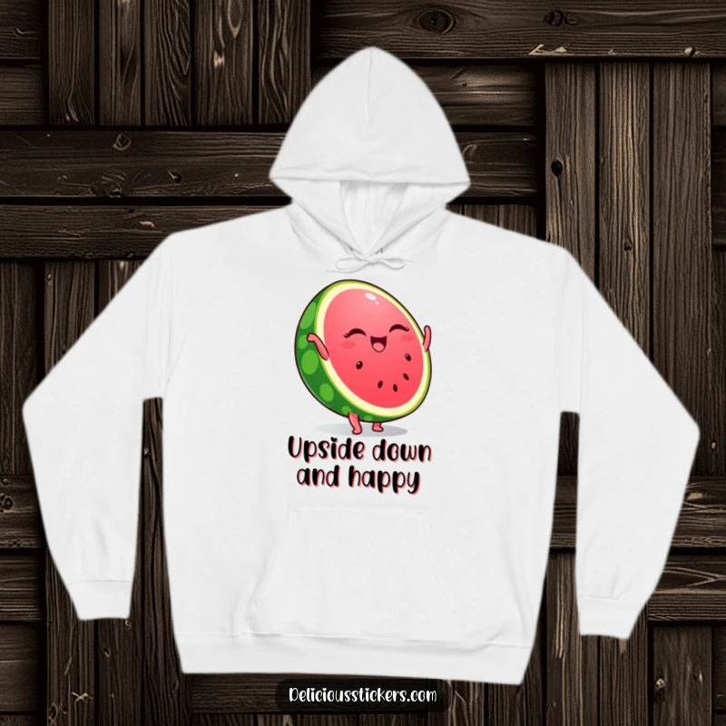 Funny hoodie featuring a winking watermelon slice in a handstand pose, radiating a playful and refreshing summer energy.