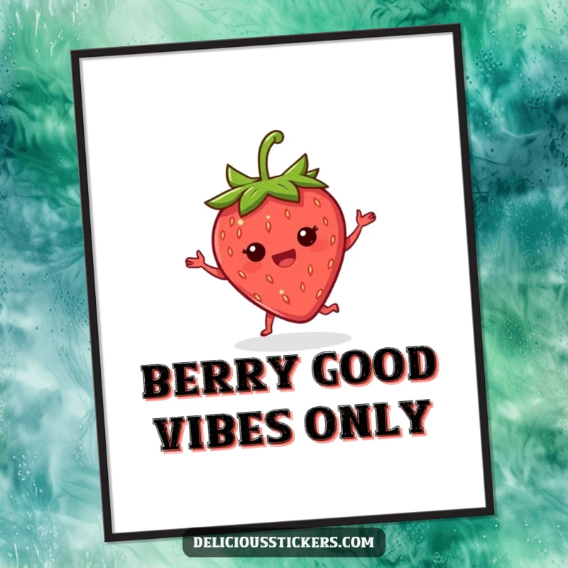 Funny Free Printable Wall Art: Delighted strawberry doing a happy little jig with its leaves, radiating pure joy.