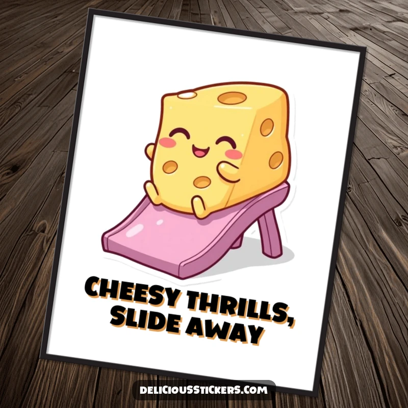 Funny free printable wall art of a winking cheese wedge making a daring slide down a vibrant slide, full of pizzazz.