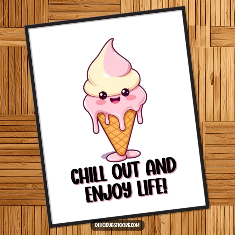 Funny Free Printable Wall Art: A happy ice cream cone character with melting drips artfully forming humorous shapes.