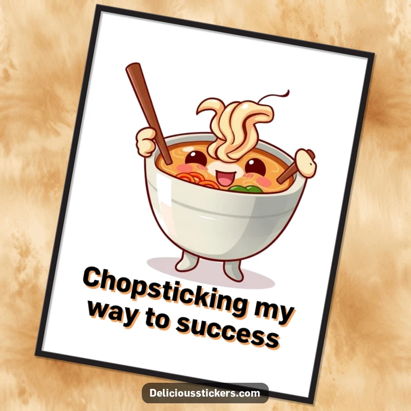 Funny Free Printable Wall Art: A happy ramen bowl character energetically waving chopsticks like vibrant batons.