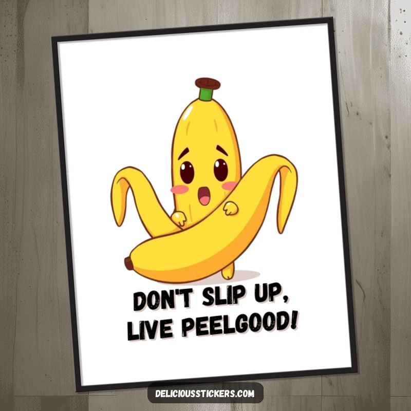 Funny Free Printable Wall Art: A surprised banana character peeking from behind a giant banana peel, adding humor.