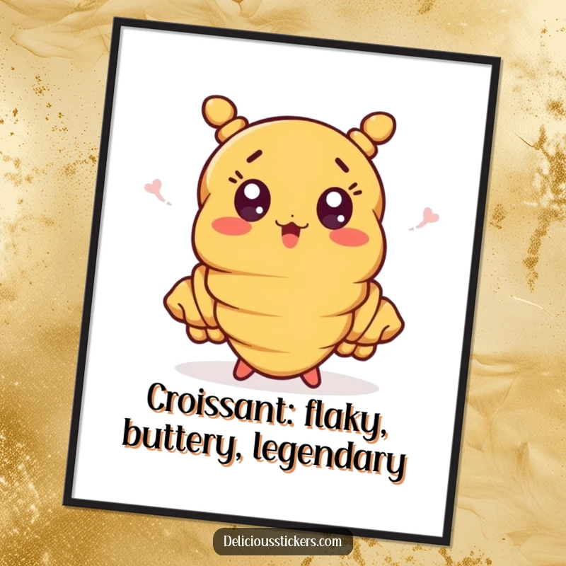 Funny free printable wall art of a surprised croissant doing a big, enthusiastic wave with its flaky pastry ends.