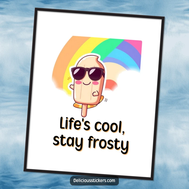 Funny free printable wall art of a happy popsicle character wearing sunglasses, joyfully sliding down a colorful rainbow.