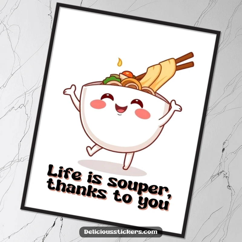 Funny free printable wall art of a smiling ramen bowl enthusiastically doing a happy dance, adding a quirky touch.