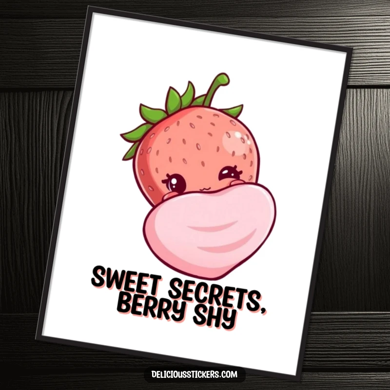 Funny free printable wall art of a shy strawberry peeking from behind a large candy, creating a scene of sweet charm.