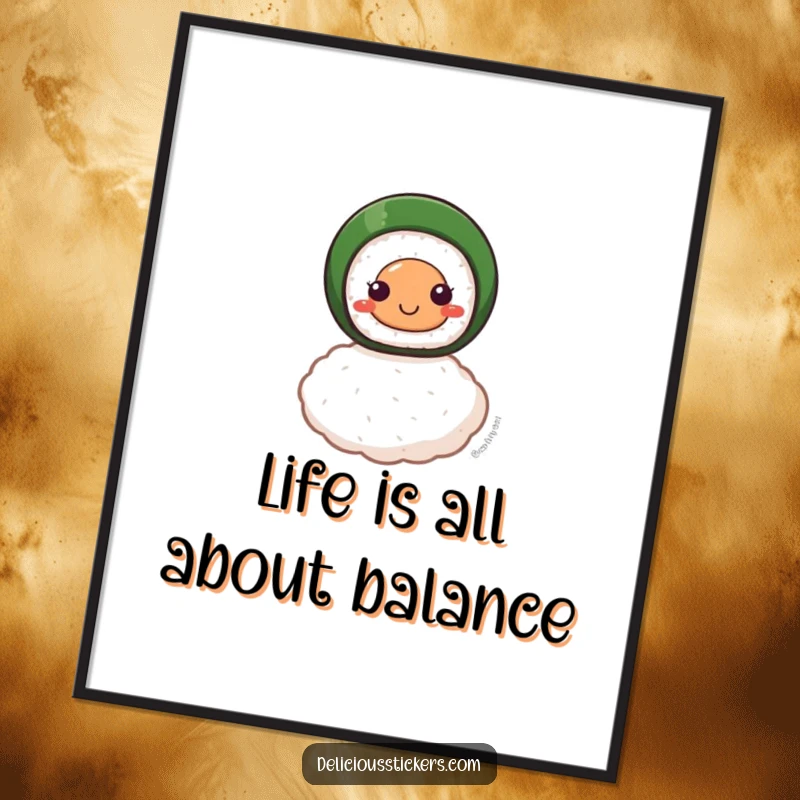 Funny Free Printable Wall Art of a smiling sushi roll in perfect, delicate balance on a single grain of rice.