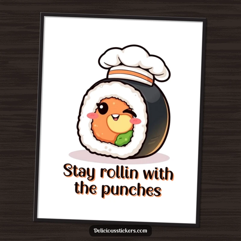 Funny free printable wall art of a sushi roll sporting a tiny chef hat and giving a mischievous wink.
