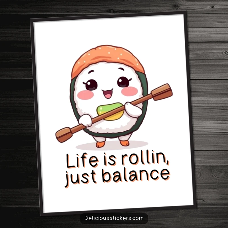 Funny Free Printable Wall Art: Joyful sushi character balances tiny paddle on nose, bringing whimsical charm.