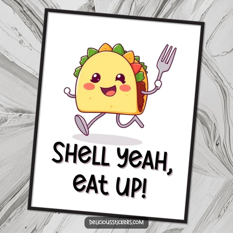 Funny Free Printable Wall Art: A joyful taco character with legs runs with a fork and spoon, making a dash for fun.