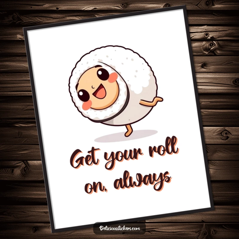 Funny Free Printable Wall Art: A happy sushi roll with legs captured mid-cartwheel, bringing dynamic, quirky energy.