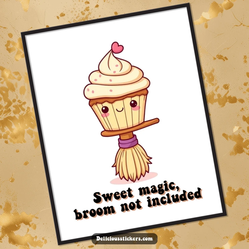 Funny free printable wall art depicting a playful cupcake expertly balancing on a tiny broomstick with a mischievous grin.