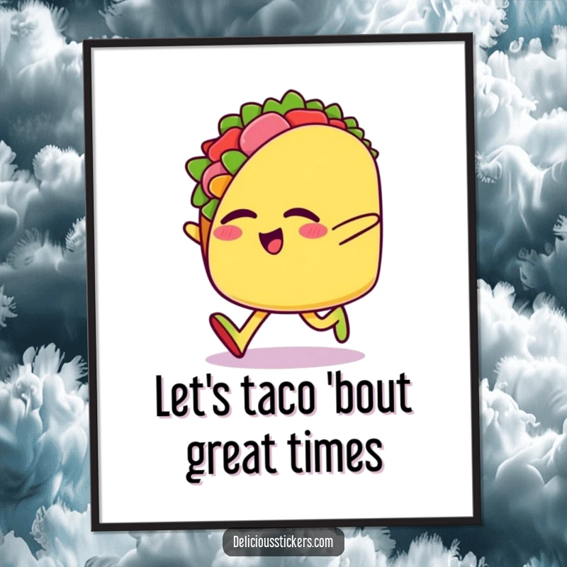 Funny free printable wall art of a happy taco character doing a gleeful sideways skip with eyes closed, full of joy.
