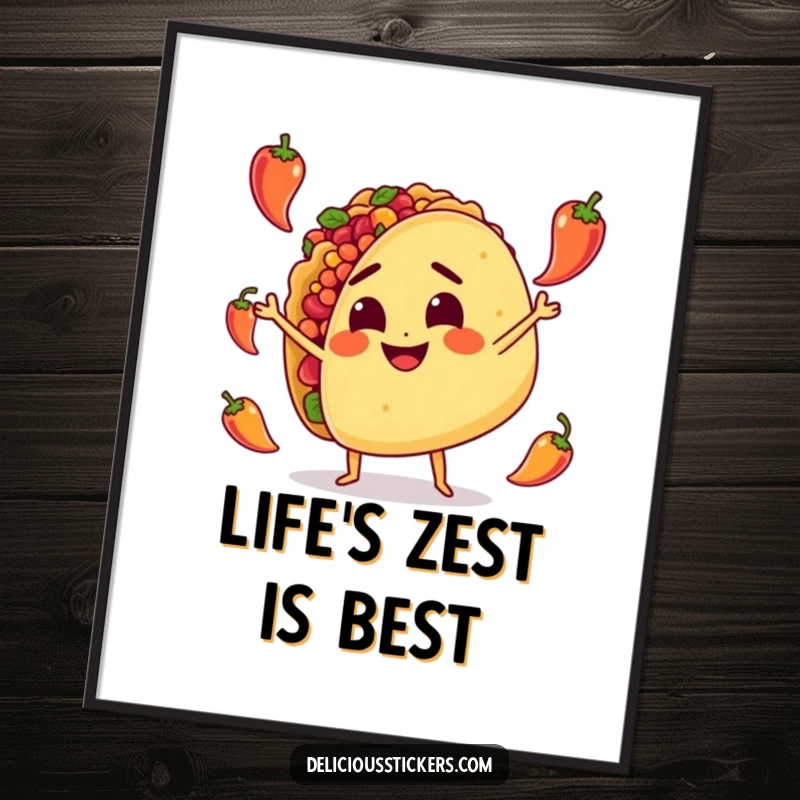 Funny Free Printable Wall Art: A smiling taco character with a determined expression, juggling small peppers with flair.