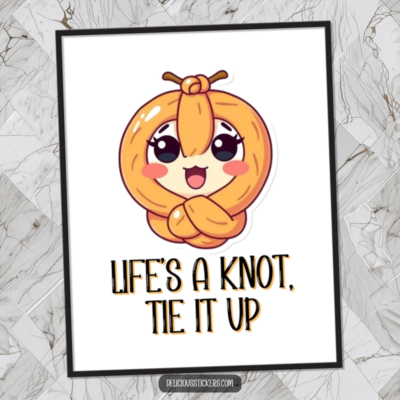 Funny Free Printable Wall Art: A surprised pretzel character is humorously tied up in a tight, comical knot.