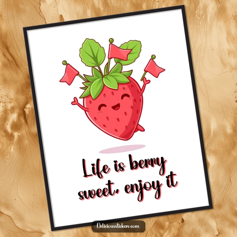 Funny Free Printable Wall Art: A playful strawberry jumps high, juggling its leaves like tiny celebratory flags.