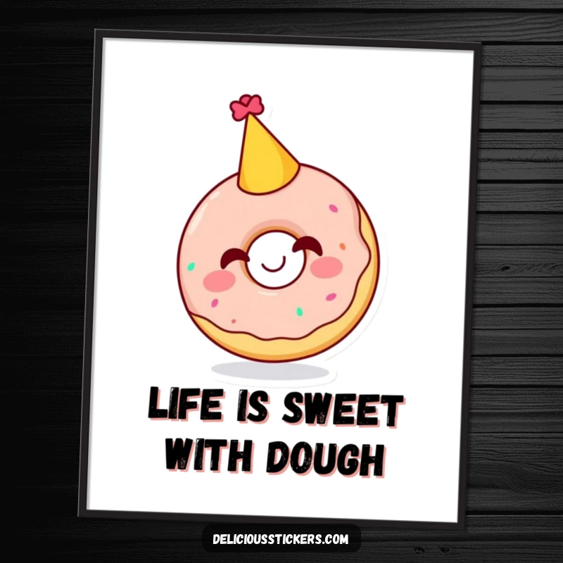 Funny Free Printable Wall Art: A gleeful doughnut character in a party hat, giggling adorably.