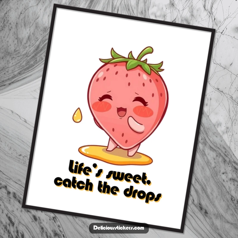 Funny free printable wall art showing a blushing strawberry character trying to catch a dripping syrup drop, adding a cute touch.