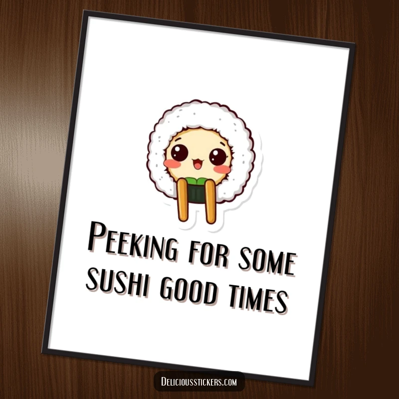 Funny Free Printable Wall Art: Sushi roll peeking from a chopstick holder with a surprised expression, adding humorous decor.