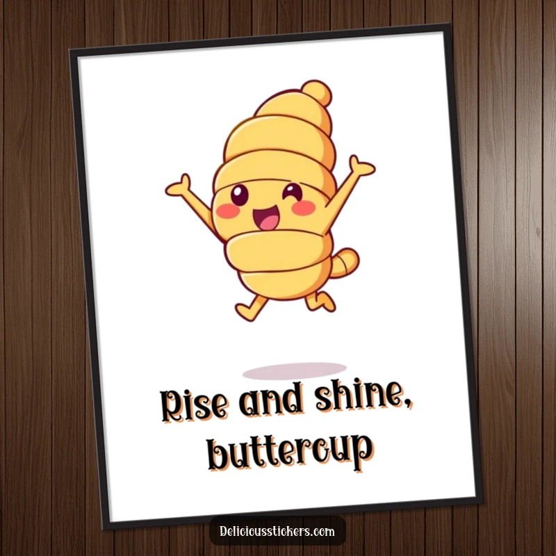 Funny Free Printable Croissant Wall Art of a cheerful character leaping high in the air, whimsical and energetic decor.