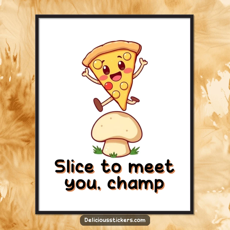 Funny free printable wall art depicting a happy pizza slice character leaping energetically over a mushroom, adding playful decor.