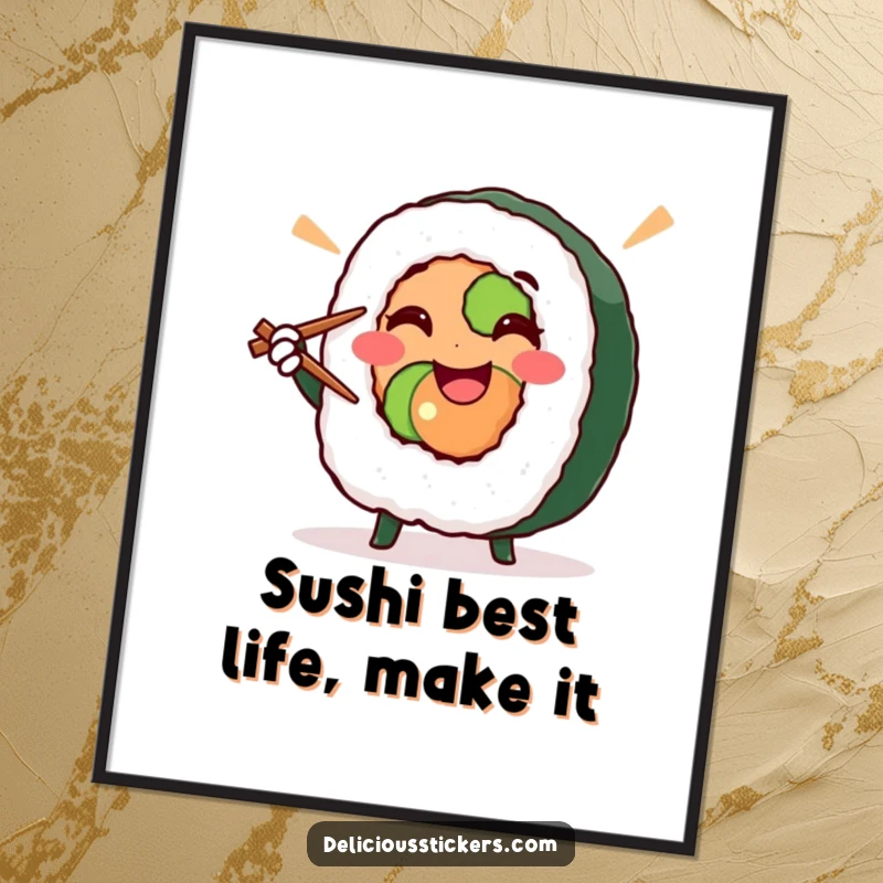 Funny Free Printable Wall Art: A smiling sushi roll character strikes a victorious pose with chopsticks, ready to impress.