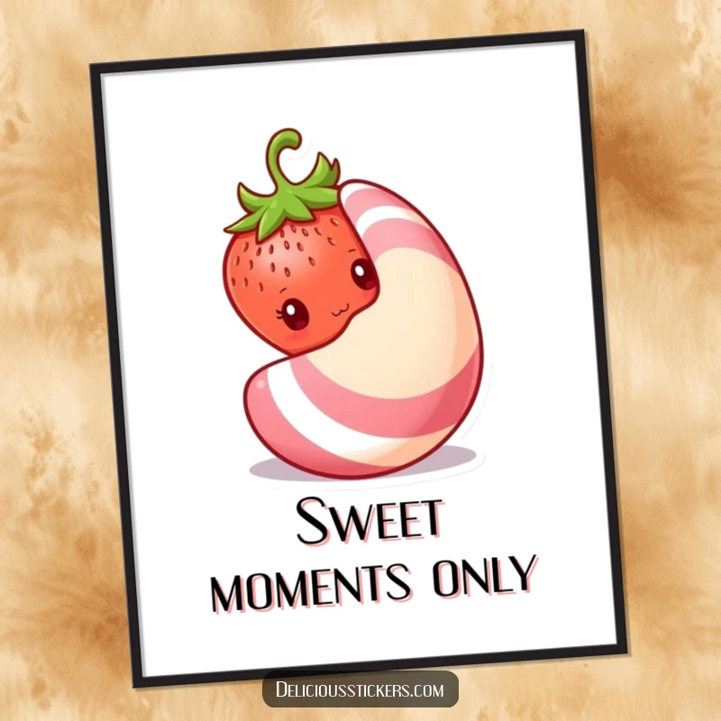 Funny Free Printable Wall Art: A shy strawberry peeks from behind a giant candy, adding a cute and funny touch to decor.