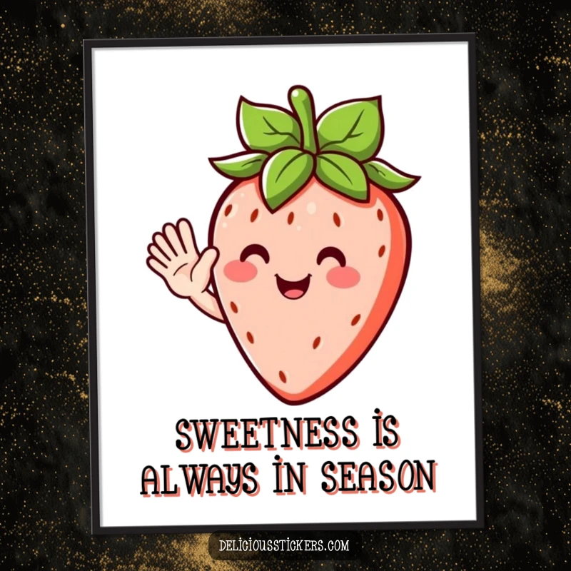 Funny Free Printable Wall Art depicting a happy strawberry character with leafy hair, joyfully waving hello.