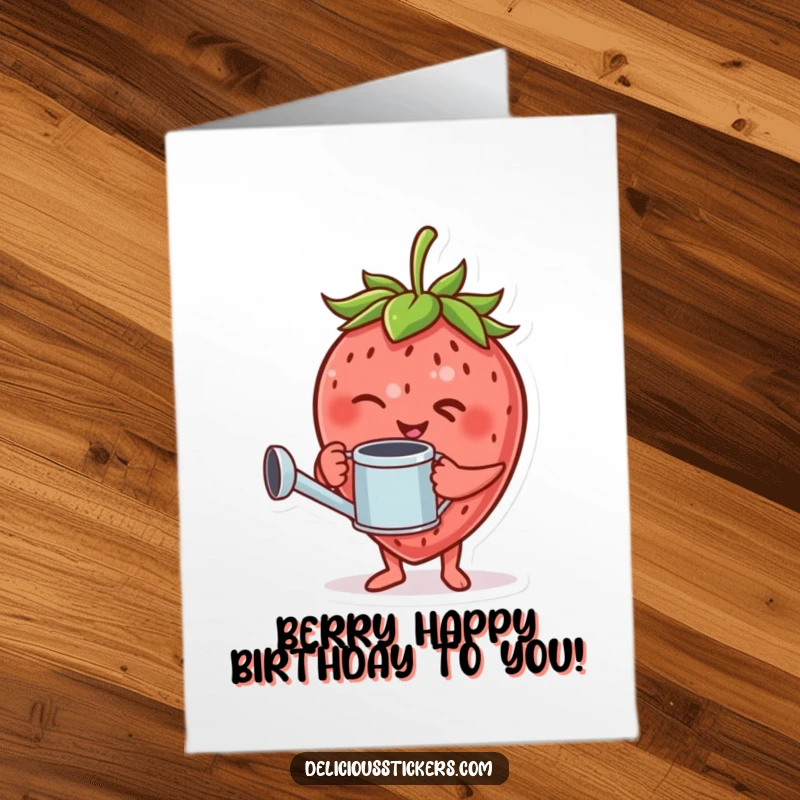 Funny Free Printable Birthday Card: A giggling strawberry with a watering can winks playfully.