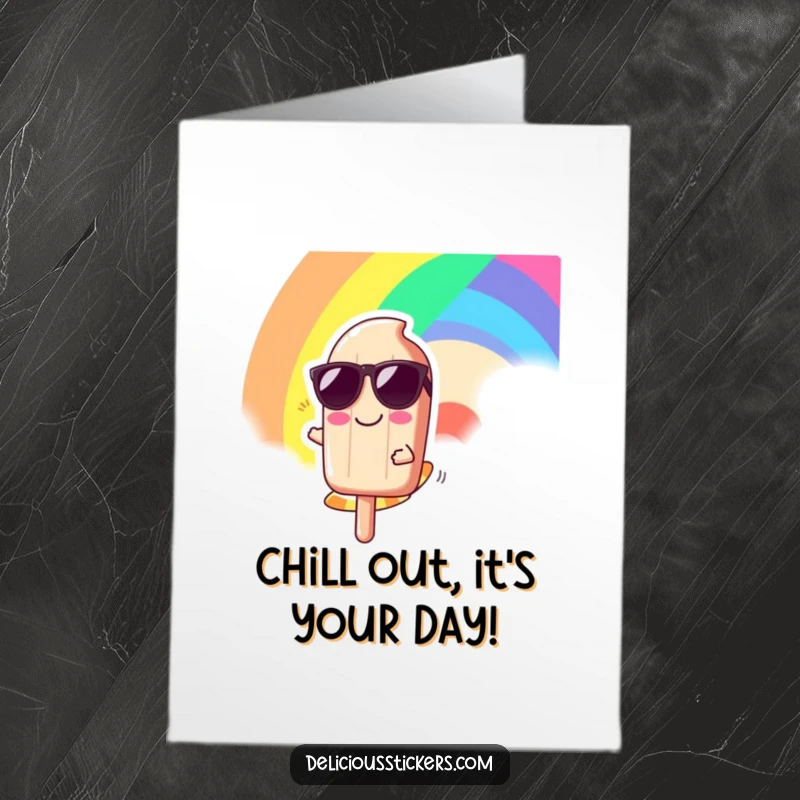 Funny free printable birthday card: a happy popsicle character in sunglasses slides down a rainbow, radiating joy.