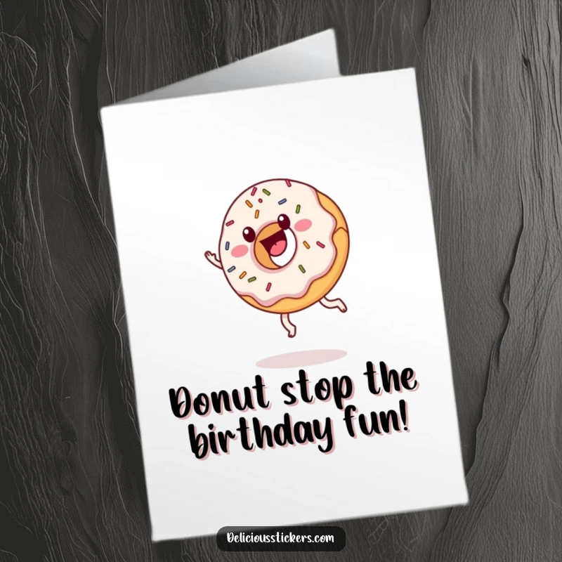 Funny free printable birthday card showing a happy donut with colorful sprinkles doing a cheerful cartwheel.