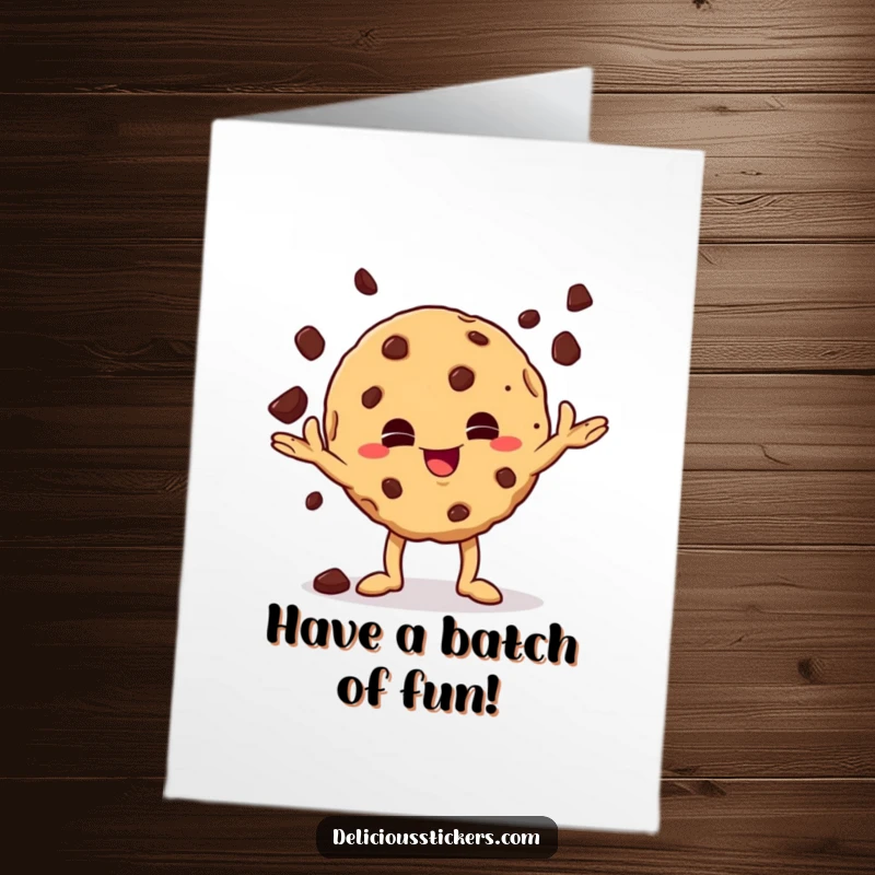 Funny Free Printable Birthday Card: A mischievous cookie character playfully juggling chocolate chips, ready for a birthday bash.
