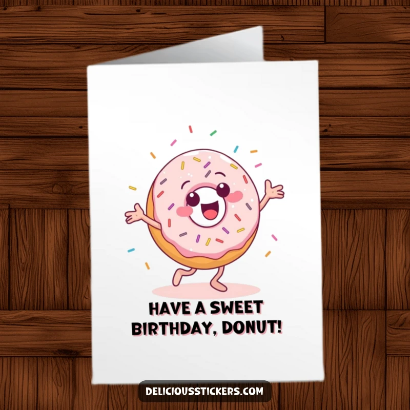 Funny Free Printable Birthday Card: A cheerful donut with sprinkles dances wildly, spreading joy and fun.