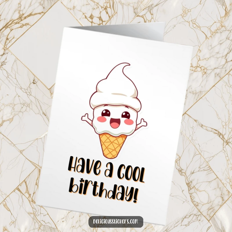 Funny Free Printable Birthday Card: An excited ice cream cone character wearing a festive cone hat, ready for birthday fun.