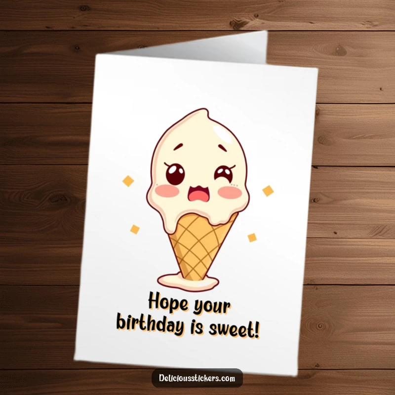 Funny Free Printable Birthday Card: An ice cream cone looks shocked, melting slightly from pure excitement.