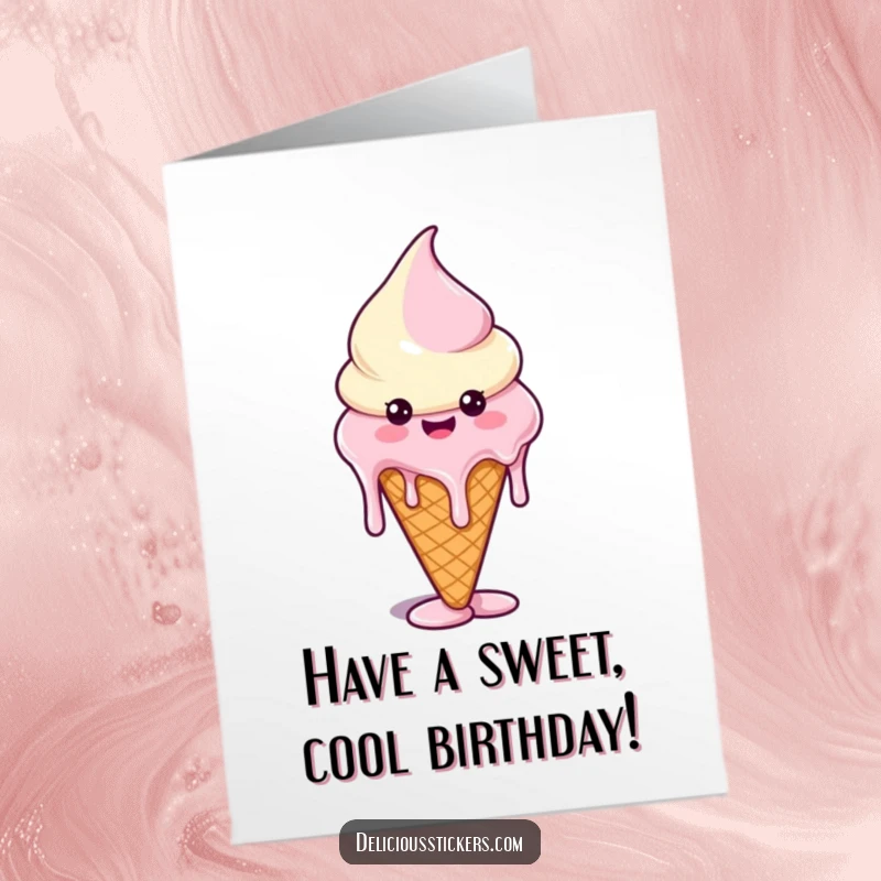 Funny Free Printable Birthday Card: A happy ice cream cone character with dripping swirls forming humorous shapes.