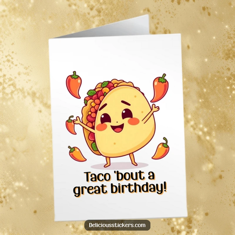 Funny Free Printable Birthday Card: A smiling taco character determinedly juggling tiny red peppers with a festive vibe.
