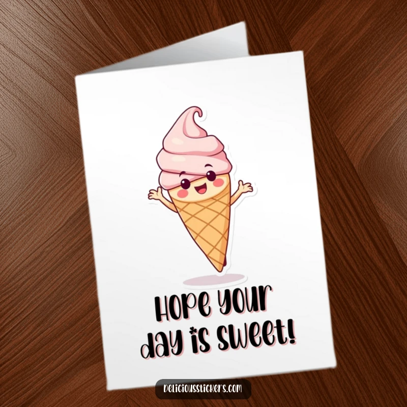 Funny Free Printable Birthday Card: Anthropomorphic Ice Cream Cone in a Spirited Dance Pose, Spreading Joy