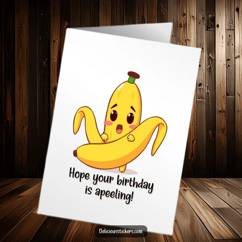 Funny Free Printable Birthday Card: A banana character peeks out, surprised from behind a large banana peel.
