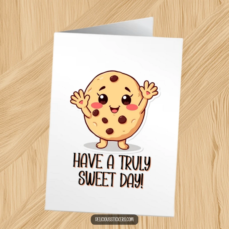 Funny Free Printable Birthday Card: Waving cookie with chip freckles, a cheerful downloadable gift.