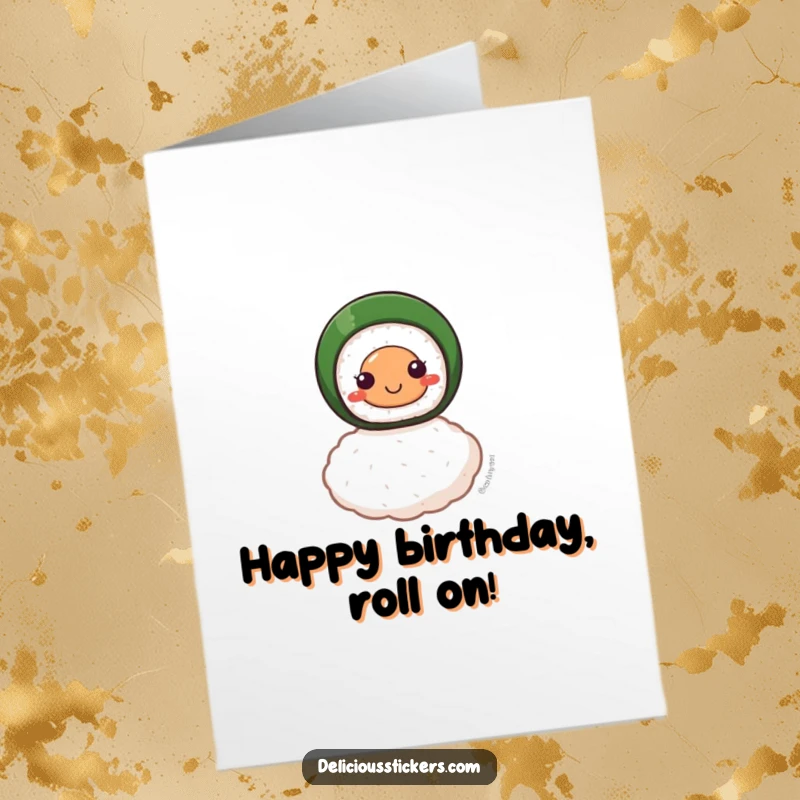 Funny Free Printable Birthday Card featuring a smiling sushi roll perfectly balancing on a single grain of rice.