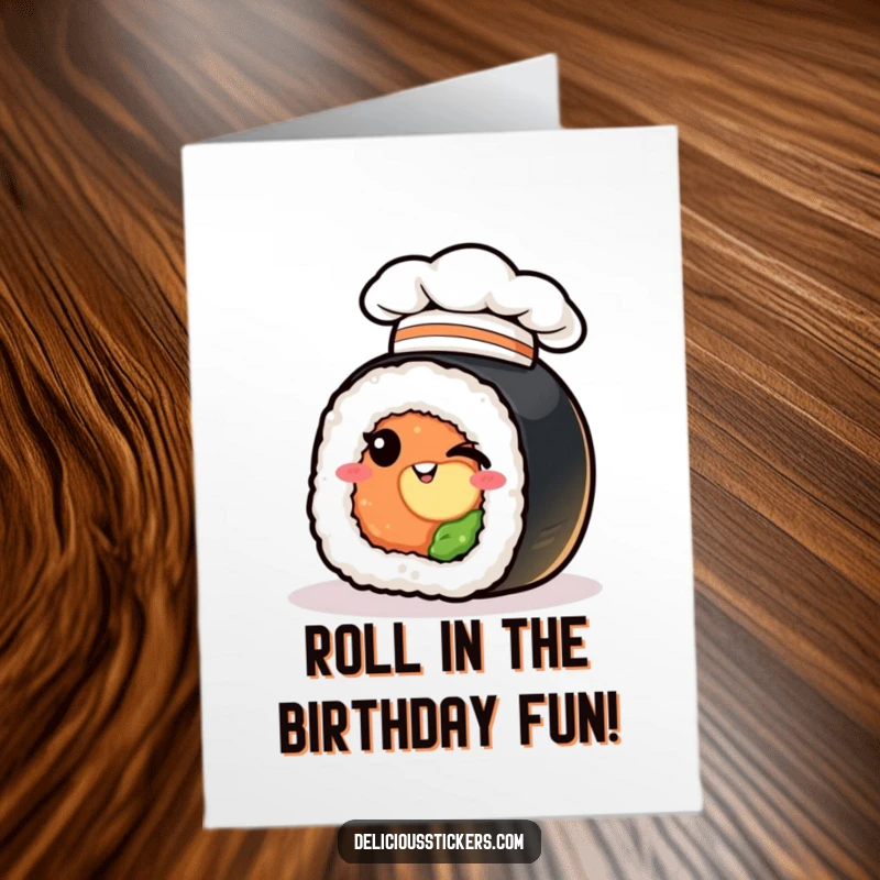 Funny free printable birthday card featuring a sushi roll in a tiny chef hat winking playfully, a foodie delight.