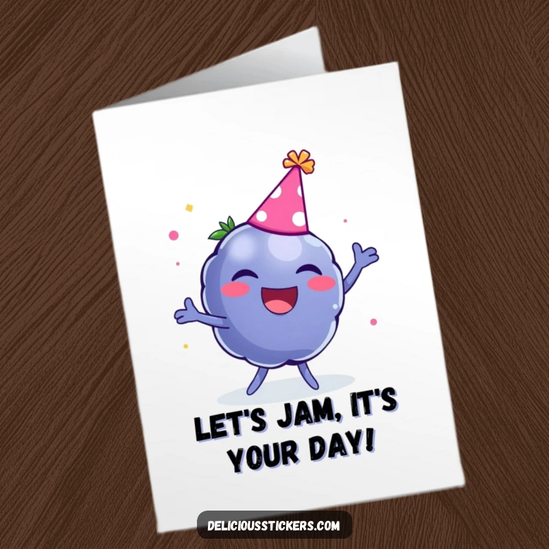 Funny Free Printable Birthday Card: A joyous blueberry wearing a party hat, laughing and dancing with abandon.