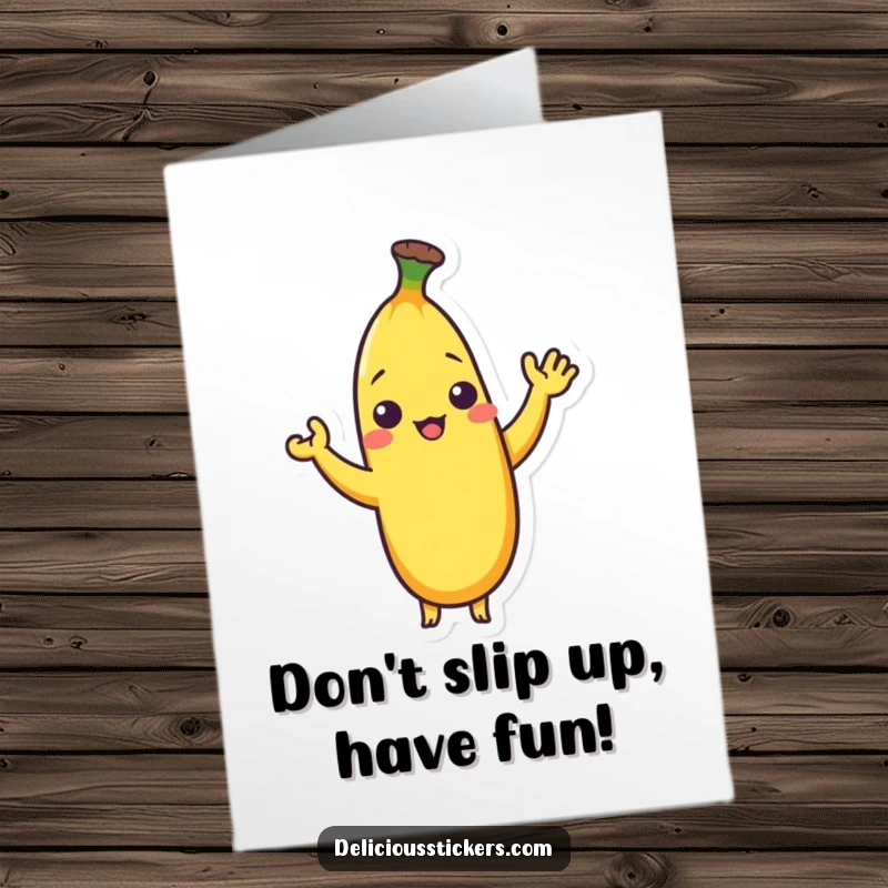 Funny Free Printable Birthday Card: A shy banana character with a bashful smile, giving a small, silly wave.