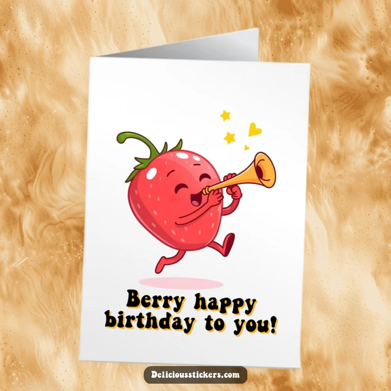 Funny Free Printable Birthday Card: A joyful strawberry character leaping mid-air while playing a tiny, brass trumpet.