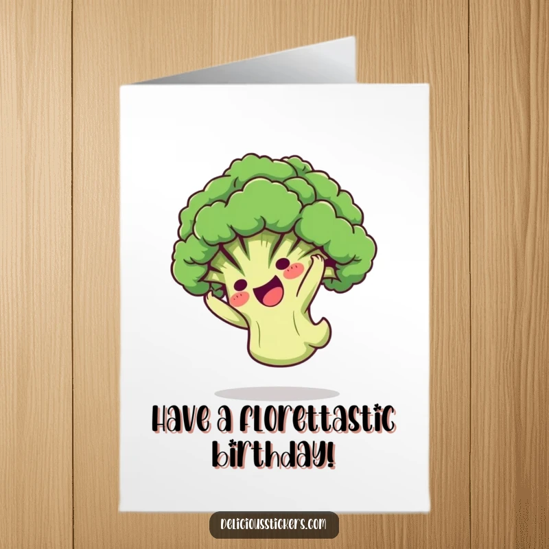 Funny free printable birthday card featuring a playful broccoli floret character energetically doing a somersault, celebrating with gusto.