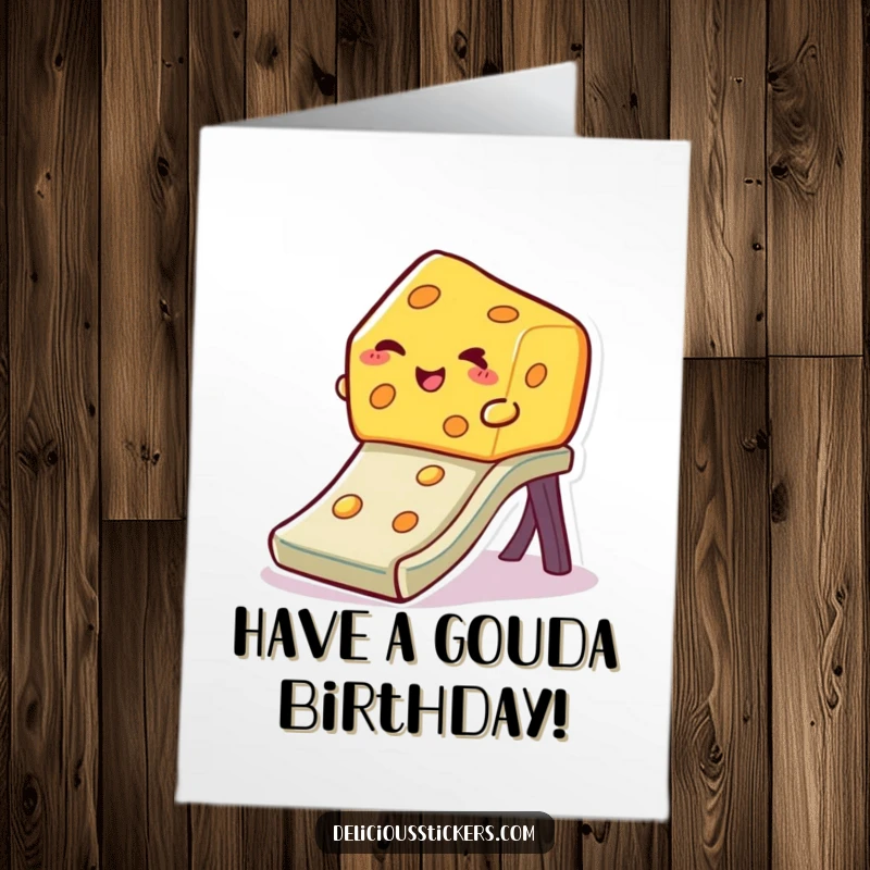 Funny Free Printable Birthday Card: A winking piece of cheese gleefully slides down a playground slide, full of birthday fun.