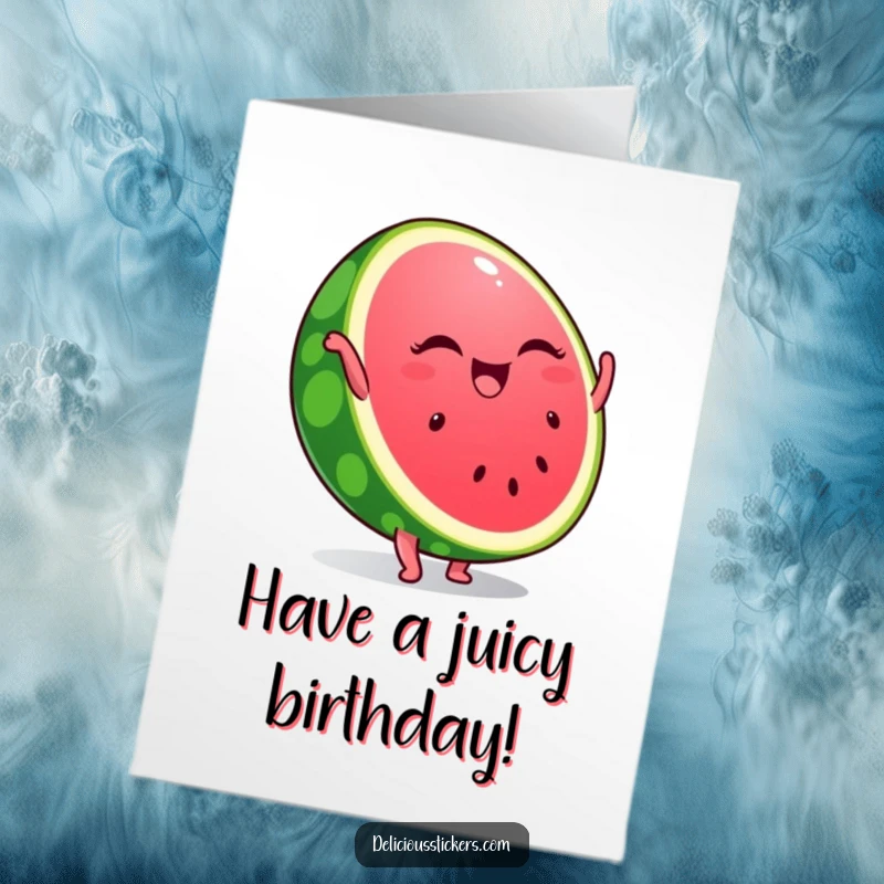 Funny Free Printable Birthday Card: A winking slice of watermelon performing a handstand with playful energy.