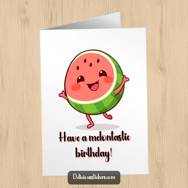 Funny Free Printable Birthday Card: A grinning watermelon slice does a goofy dance, seeds flying with pure birthday excitement.