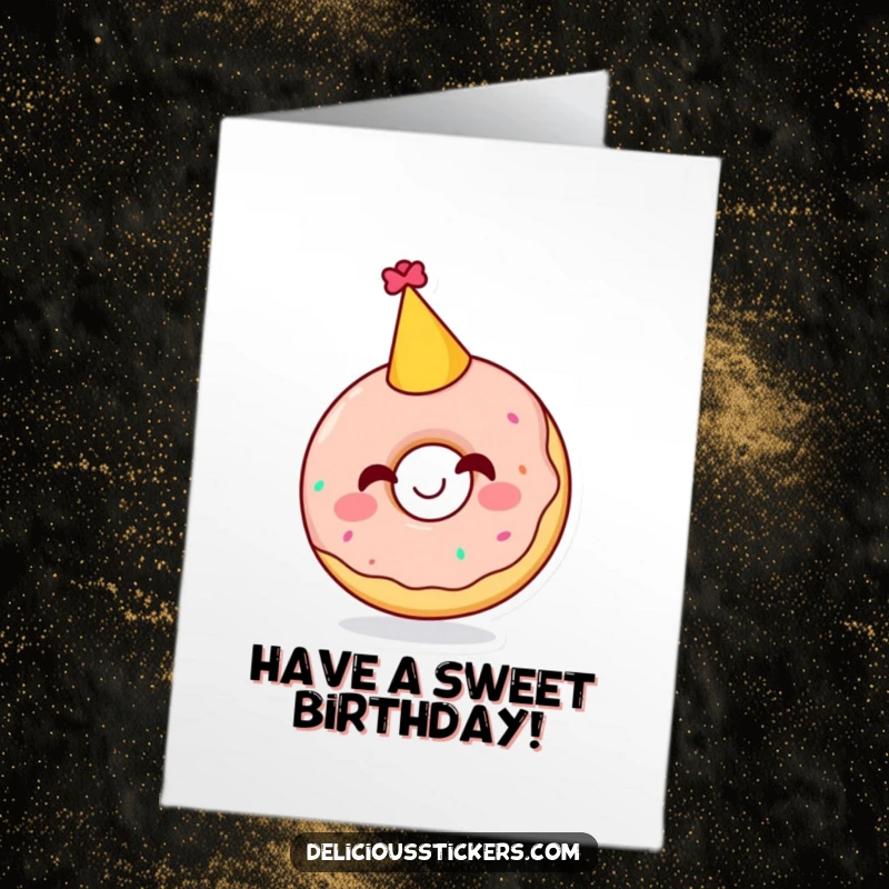 Funny Free Printable Birthday Card: A giggling doughnut character wearing a festive party hat, ready to celebrate.